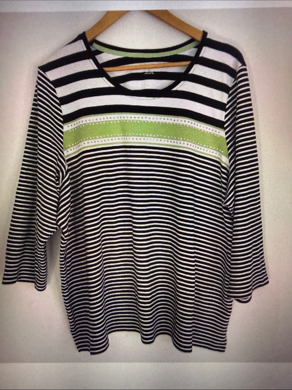 ALIA Woman Black White Green Stripes 3/4 Sleeve Pullover Shirt Plus Size 3X